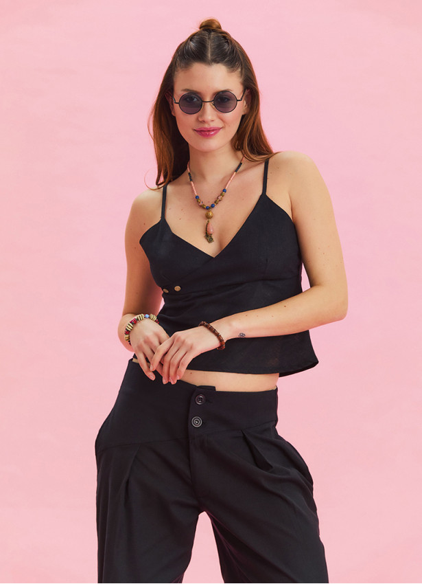 V Neck Thin Straps Black Summer Blouse 4438